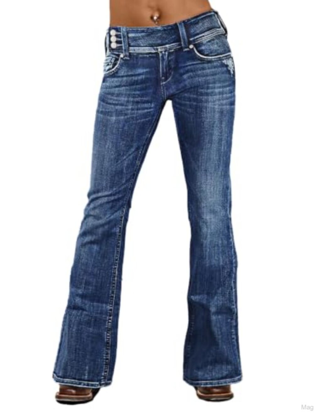 Bootcut Low Rise Stretch Women's Curvy Jeans with Asymmetrical Wash